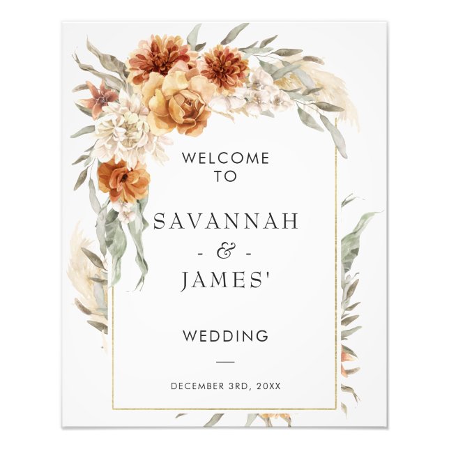 Foto Boho Burnt Orange Floral com Frame Weding Sign (Frente)
