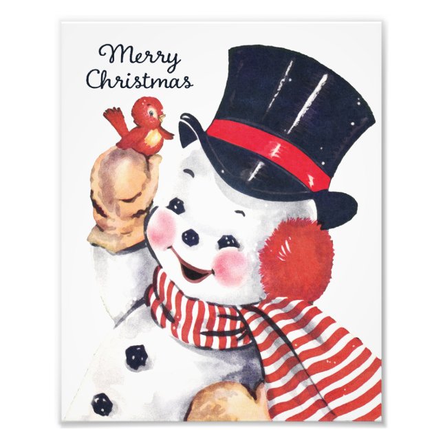 Foto Bonito Retro Snowman e Red Bird Wall Art (Frente)