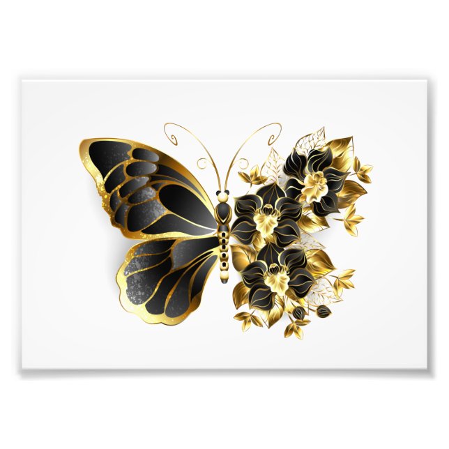 Foto Borboleta Flor Dourada com Orquídea Preta (Frente)