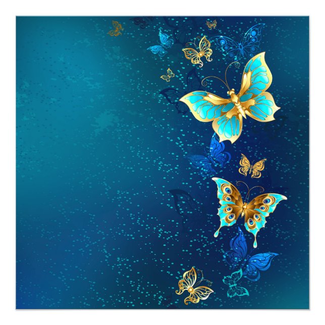 Foto Borboletas de ouro em um fundo azul (Frente)