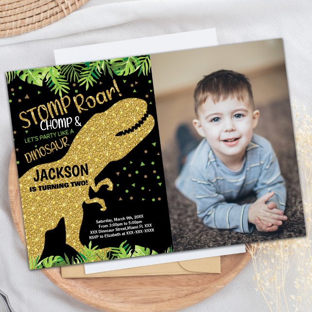 Foto: Brilho Negro Dinossauro Convites de Aniversá (Photo Black Glitter Dinosaur Birthday Invitations)
