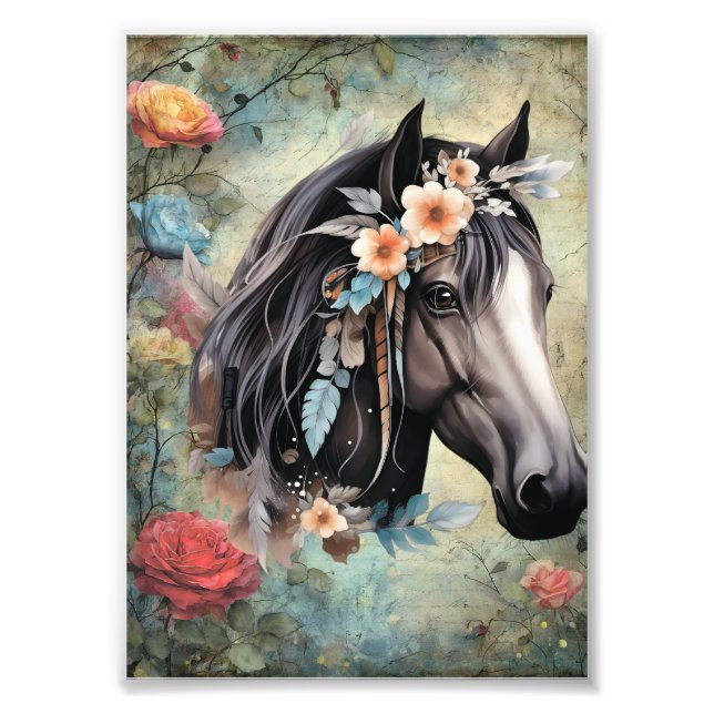 Foto  Brown horse in flowers. (Frente)
