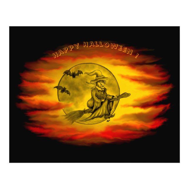 Foto bruxa voadora com gato preto, noite de halloween (Frente)