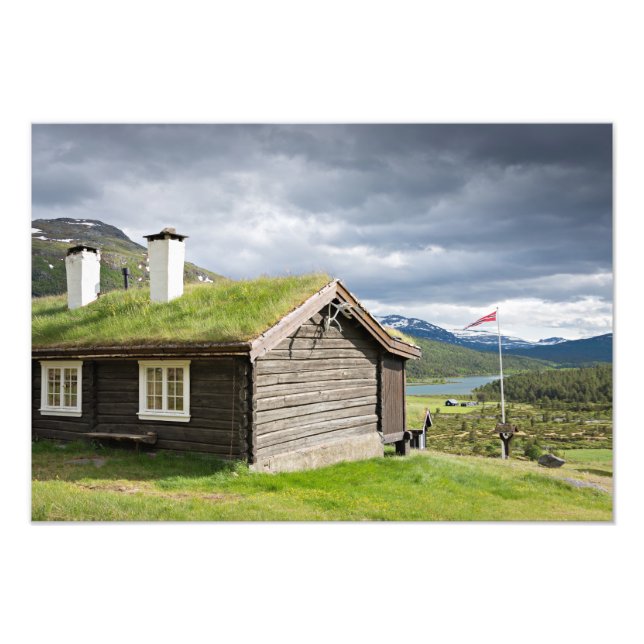 Foto Cabina de madeira do telhado de Sod na Noruega, im (Frente)