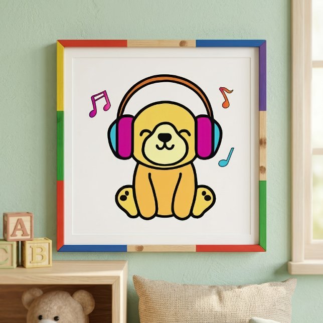 Foto Cachorro Kawaii Sorridente com Fones de Ouvido Col (Kawaii Dog Puppy Smiling with Colorful Headphones. Photo Print)