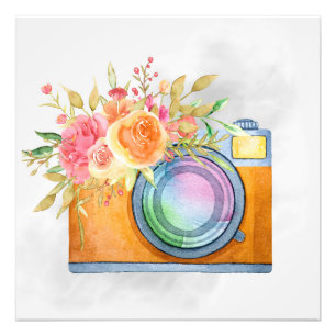 Foto Câmera Laranja Boho e Buquê Floral Aquarela