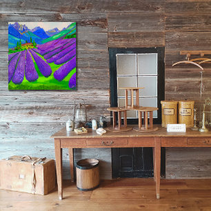 Foto Campos de lavanda pintados à mão em frente às mont