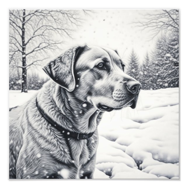Foto Cão Preto e Branco AI Esboço Cena de Inverno (Frente)