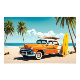 Foto Carro vintage na praia com conselho surf