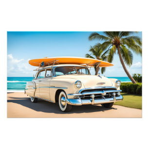 Foto Carro vintage na praia com conselho surf