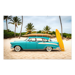 Foto Carro vintage na praia com conselho surf