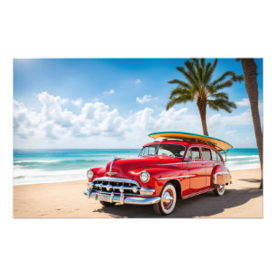 Foto Carro vintage na praia com conselho surf