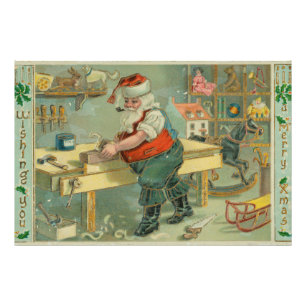 Foto Cartão de Natal Antigo - Papai Noel em sua Oficina
