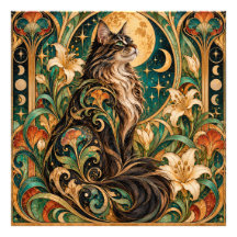 Cartaz Art Nouveau de Gato Místico e Lua