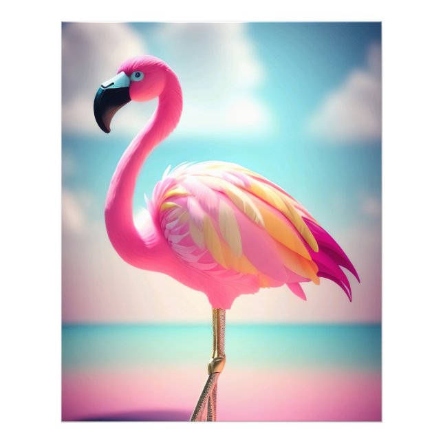 Foto Cartaz de arte de flamingo rosa e azul pastel (Frente)