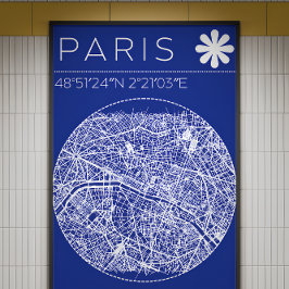 Foto Cartaz Mapa de Paris em Blueprint Circular Arte de