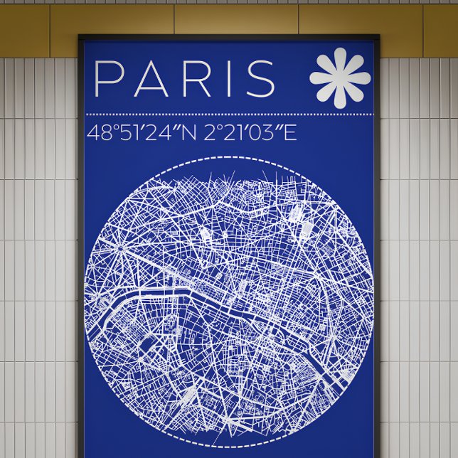 Foto Cartaz Mapa de Paris em Blueprint Circular Arte de (blueprint inspired Paris map poster perfect for modern and design spaces )