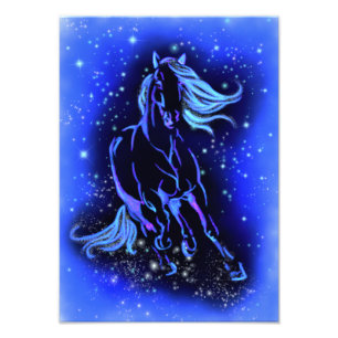Foto Cavalo Azul Neon Correndo À Lua À Noite Estrelada