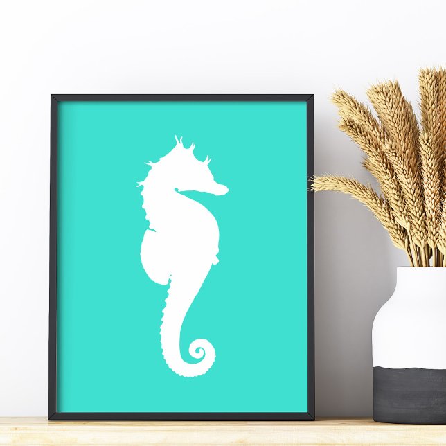 Foto Cavalo Branco em Turquesa (White Seahorse on Turquoise Photo Print)
