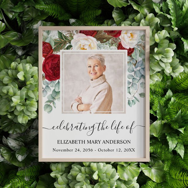 Foto Celebração do Memorial das Rosas Brancas Vermelhas (Red and white rose eucalyptus watercolor celebration of life photo funeral poster.)