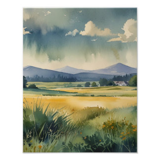 Foto Cena Rústica do Campo em Poster de Aquarela