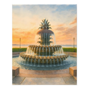Foto Charleston Pineapple Fountain Watercolor Sunset