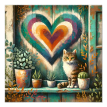 Charming Rustic Cat Heart Teal, Amber & Cream 