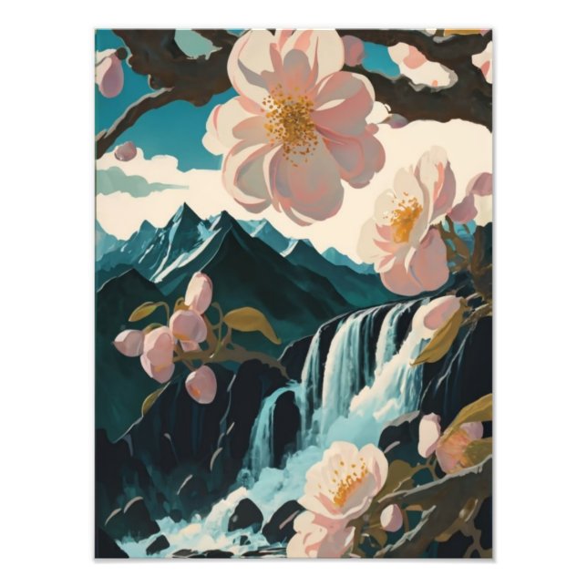 Foto Cherry Blossoms abrem uma cascata de água tranquil (Frente)