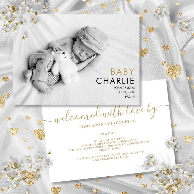 Foto Chic Moderna de Bebê Elegante Anúncio de Nasc (Modern Gold Baby Photo Chic Elegant Birth Announcement)