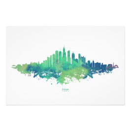Foto Chicago City Skyline Watercolor em azul e verde