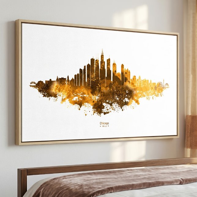 Foto Chicago City Skyline Watercolor em laranja (Chicago Skyline Watercolor Orange Cityscape Art. Photo Print)