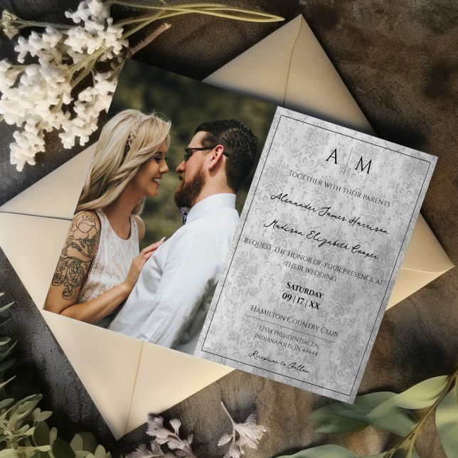 Foto Cinza Damask Monograma Casamento Convite (Gray Photo Damask Monogram Wedding Invitation)