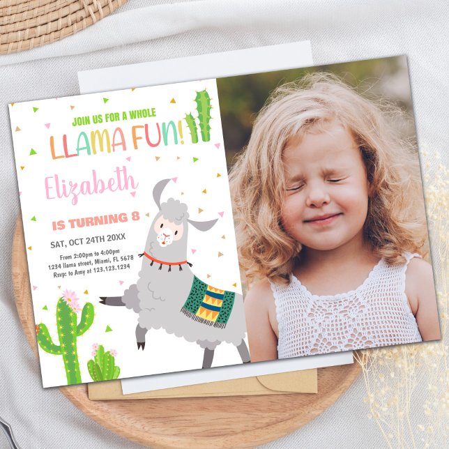 Foto Cinza Lama Diversão Llama Convites de Anivers (Photo Gray Llama Fun Llama Birthday Invitations)
