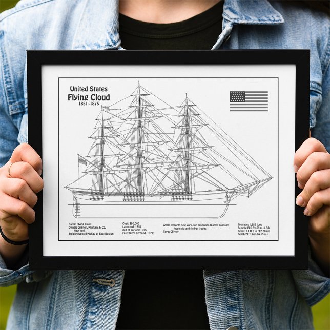 Foto Cloud Voadora de Entrega de Clipper - BD de Bluepr (Clipper Ship Flying Cloud - Ship Blueprint BD. Photo Print)