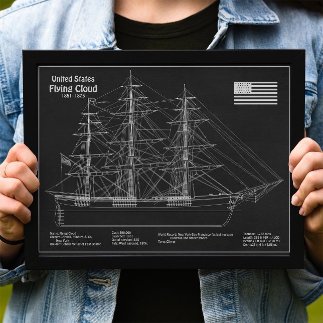 Foto Cloud Voadora de Entrega de Clipper - PD de Bluepr (Clipper Ship Flying Cloud - Blueprint PD. Photo Print)