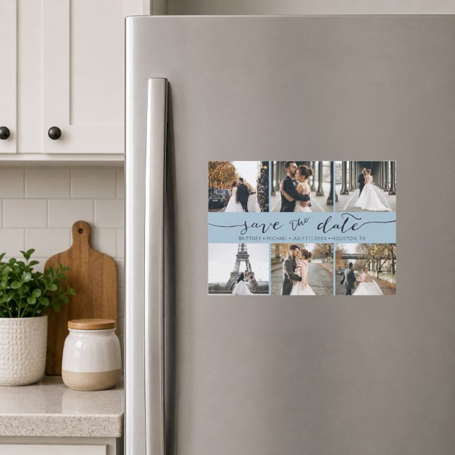 Foto Colagem Azul Claro Salve a Data (Soft light blue six photo save the date magnet featuring elegant handwritten script typography)