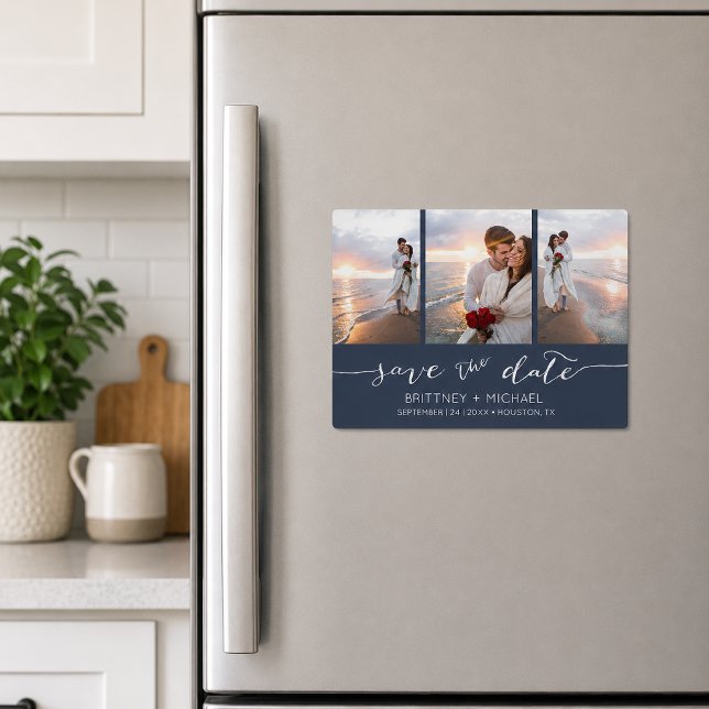 Foto Colagem de Carta Naval Salve a Data (Elegant navy blue three photo save the date magnet featuring romantic handwritten script typography)