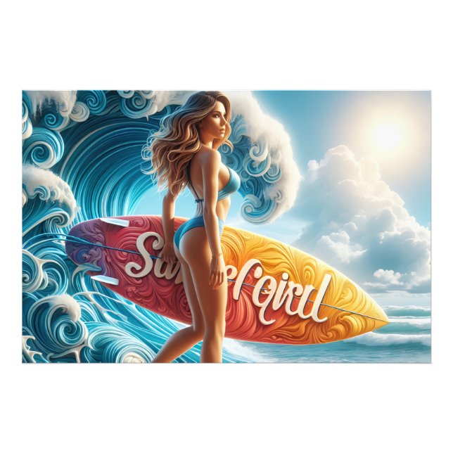 Foto Confident Surfer Girl Walking Beach Waves Art (Frente)