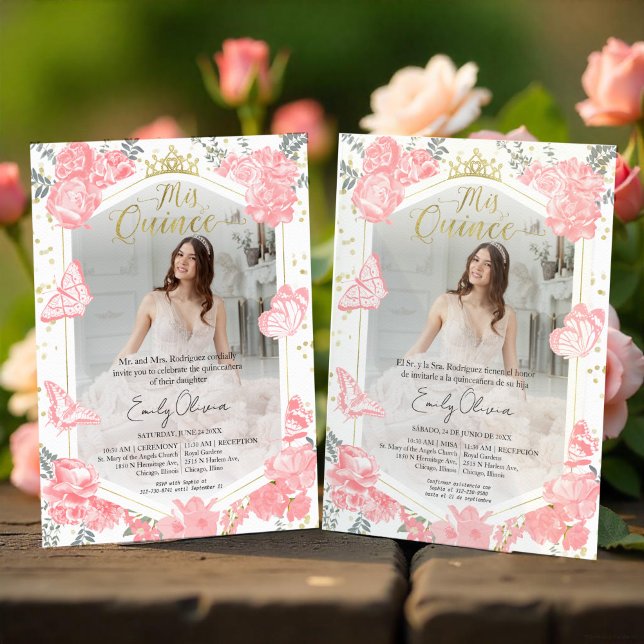 Foto: Convite Fotográfico Bilíngue Rosa Floral (Criador carregado)