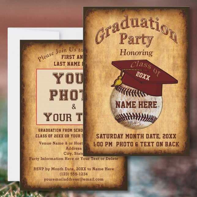 Foto: Convite para Graduação de Baseball em Texto (Baseball Graduation Invitations. Baseball themed graduation. Baseball theme graduation party. Old.)