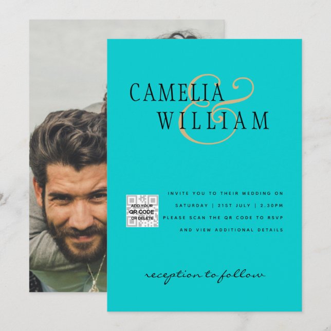 Foto: Convite QRCode RSVP Azul Teal (Frente/Verso)