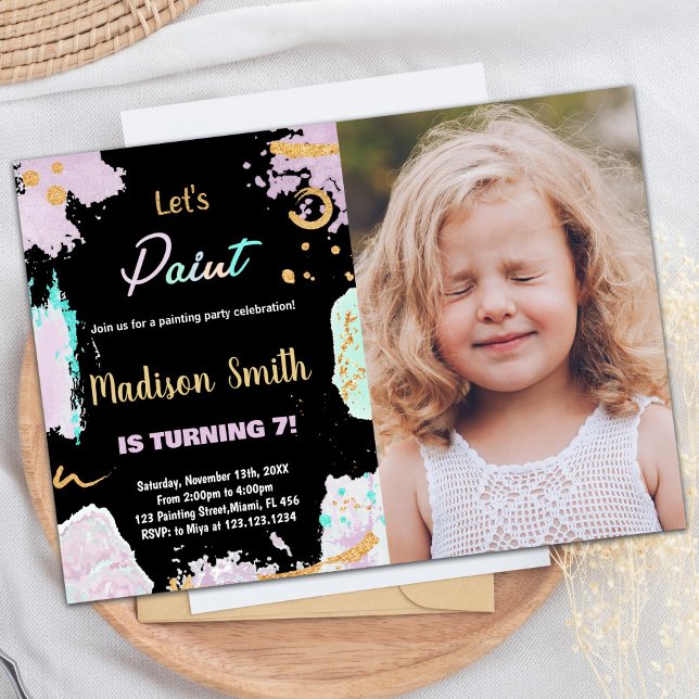 Foto: Convites de Aniversário da Pintura de Pintur (Photo Black Glitter Paint Birthday Invitations)