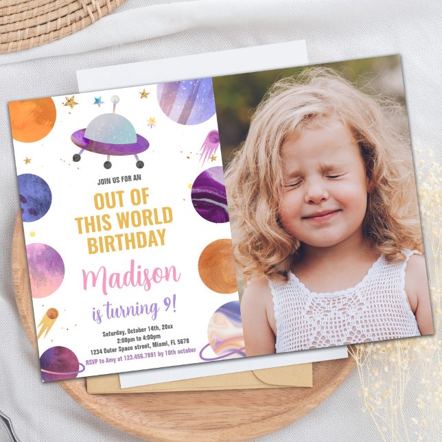 Foto: Convites de Aniversário do Espaço Exterior R (Photo Pink Outer Space Birthday Invitations)