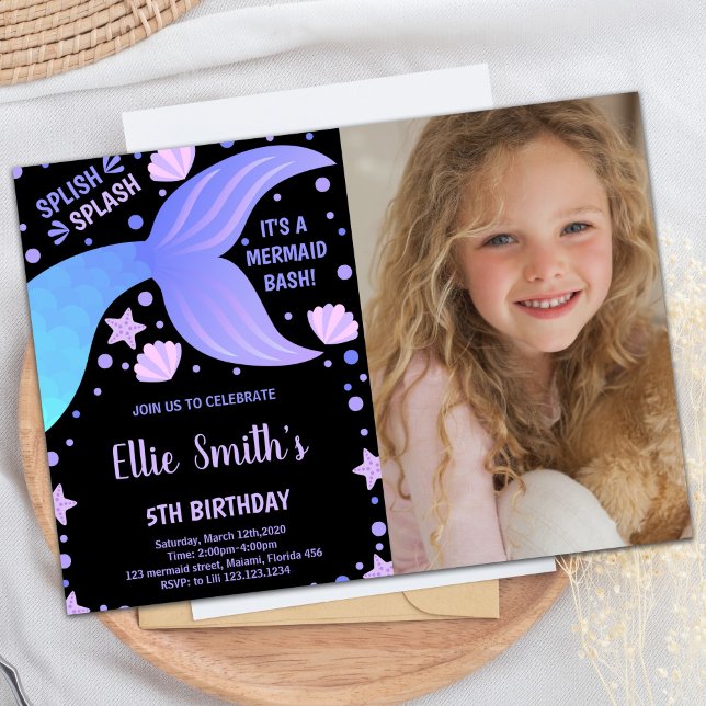 Foto: Convites de Sereia do Shell Azul Roxo (Photo Purple Blue Tail Shell Mermaid Invitations)