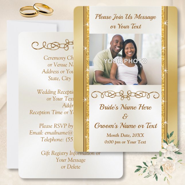 Foto: Convites personalizados de casamento de fron (Photo Wedding Invites. Gold and Ivory Wedding Invitations. champagne ivory and gold wedding. )