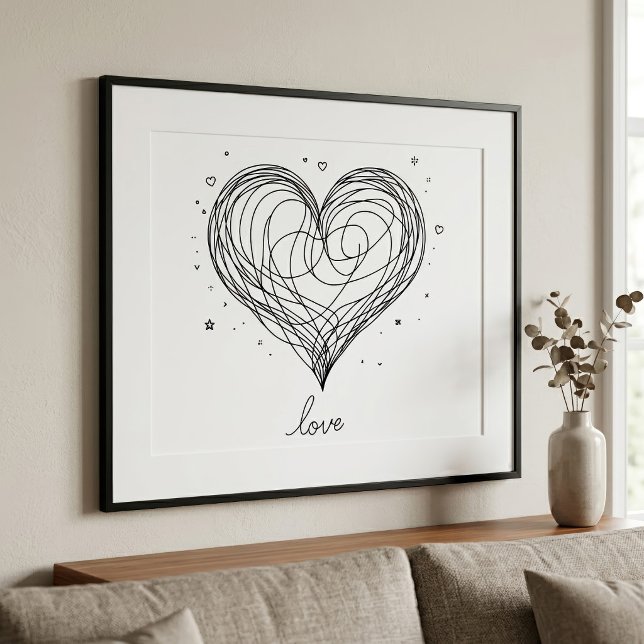 Foto Coração com Desenho de Amor em Linha Caprichosa (Whimsical Line Art Heart with Love Design. Photo Print)