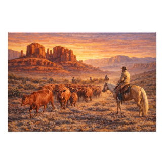 Foto Cowboy Herding Cows at Sunset