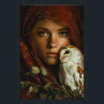 Foto Crimson Scarf Snowy Owl Portrait Mystery<br><div class="desc">A young woman with luminous green eyes looks straight ahead beneath a richly textured crimson headscarf that frames her face like a medieval veil. A snowy owl with delicate brown markings perches calmly on her shoulder, its gaze mirroring hers in quiet intensity. Golden autumn leaves cling to the fabric and...</div>