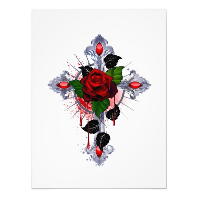 Foto Cruz de Prata com Rosa vermelha (Frente)