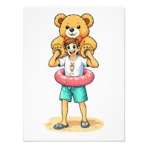 Cute Cartoon Man with Giant Teddy Bear Summer Fun